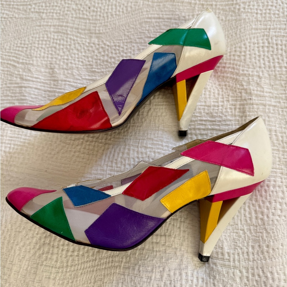 Stuart Weitzman Vintage 80’s colorful heels. Leather Mesh. 9 colorblock
